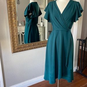 DKNY TealFlutter Sleeve Faux Wrap Dress